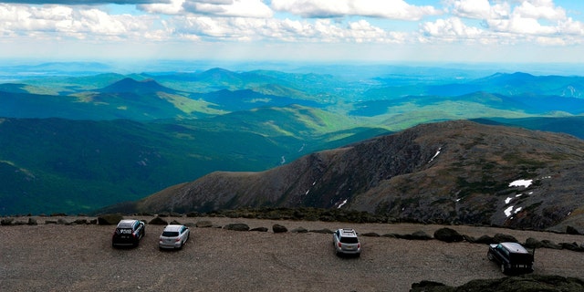 A view from the auto road on Mount Washington, standing at an elevation of 6,288.2 ft, looking out to the surrounding White Mountains, in the Presidential Range of the White Mountains in New Hampshire on June 12, 2020. 