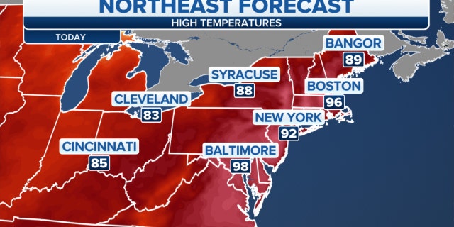Forecast high temperatures in the Northeast