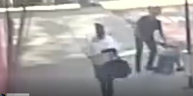 The suspect is later seen walking away while the victim is on the ground.