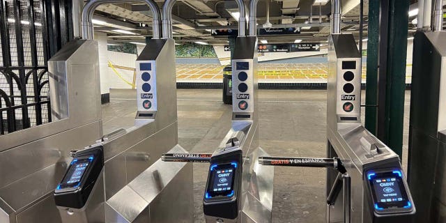 Turnstiles at Yankee Stadium subway station.