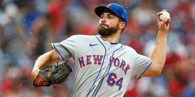 Nate Fisher, #64 of the New York Mets, in action against the Philadelphia Phillies during a game at Citizens Bank Park on August 21, 2022 in Philadelphia.