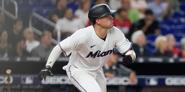 Miami Marlins' Nick Fortes, #54, follows his home run into center field during the second inning of a baseball game against the San Diego Padres, Tuesday, Aug. 16, 2022, in Miami.