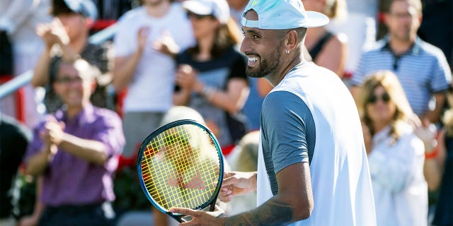 Nick Kyrgios of Australia celebrates his victory over Daniil Medvedev during second round play at the National Bank Open tennis tournament Wednesday Aug. 10, 2022. in Montreal.