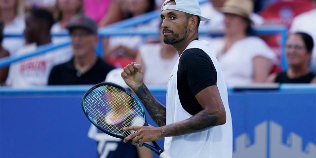 Nick Kyrgios, of Australia, reacts during a match against Marcos Giron, of the United States, at the Citi Open tennis tournament in Washington, Tuesday, Aug. 2, 2022.
