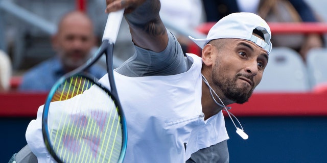 Nick Kyrgios serves Hubert Hurkacz in the quarterfinals of the National Bank Open on Friday, August 12, 2022 in Montreal.