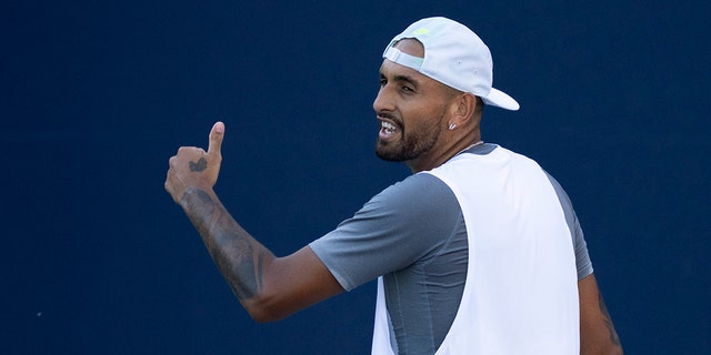 Nick Kyrgios reacts during his match against Alex de Minaur during the National Bank Open, Aug. 11, 2022, in Montreal.