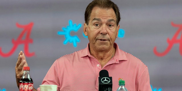 Alabama head coach Nick Saban speaks with the media during NCAA college football media day on Aug. 7, 2022, in Tuscaloosa, Alabama.