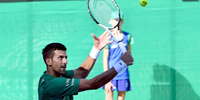 Serbian tennis player Novak Djokovic returns the ball during an exhibition match.