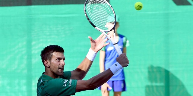 Serbian tennis player Novak Djokovic returns the ball during an exhibition match.