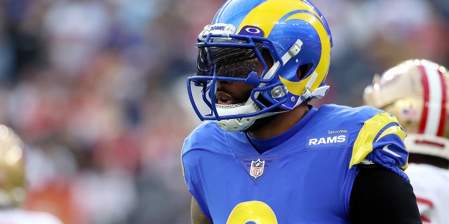 Odell Beckham Jr., #3 of the Los Angeles Rams, reacts to a play during the first quarter against the San Francisco 49ers at SoFi Stadium on January 09, 2022 in Inglewood, California.