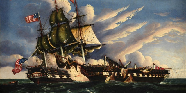 Painting of the marine battle in the War of 1812 featuring the USS Constitution, also known as Old Ironsides, and the British ship, HMS Guerrière, with all its masts broken. Artist Thomas Chambers, 1845. 