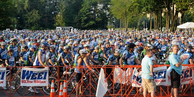 In Wellesley, Mass., 5,500 cyclists from 36 states attend the official Wellesley start for the 33rd annual Pan-Massachusetts Challenge at Babson College on August 4, 2012. 