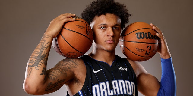 Paolo Banchero #5 of the Orlando Magic poses during the 2022 NBA Rookie Portraits at UNLV on July 15, 2022 in Las Vegas.