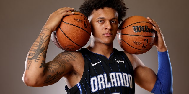 Paolo Banchero #5 of the Orlando Magic poses during the 2022 NBA Rookie Portraits at UNLV on July 15, 2022 in Las Vegas.