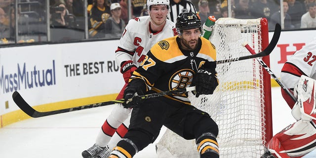 Bruins' Patrice Bergeron during the Stanley Cup playoffs on May 12, 2022, in Boston, Massachusetts.