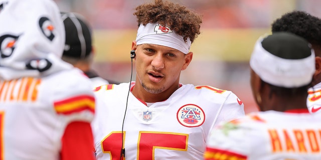 Patrick Mahomes of the Kansas City Chiefs watches from the sideline during the Bears game at Soldier Field on Aug. 13, 2022, in Chicago.