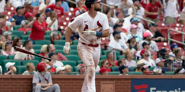 St. Louis Cardinals' Paul DeJong watches his three-run home run during the eighth inning of a baseball game against the New York Yankees Sunday, Aug. 7, 2022, in St. Louis.
