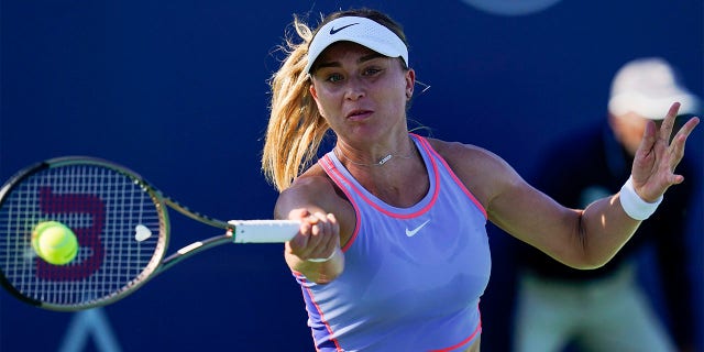 Paula Badosa, of Spain, hits a forehand to Elizabeth Mandlik, of the United States, at the Mubadala Silicon Valley Classic tennis tournament in San Jose, Calif., Wednesday, Aug. 3, 2022. Badosa won 6-2, 5-7, 7-6 (5).