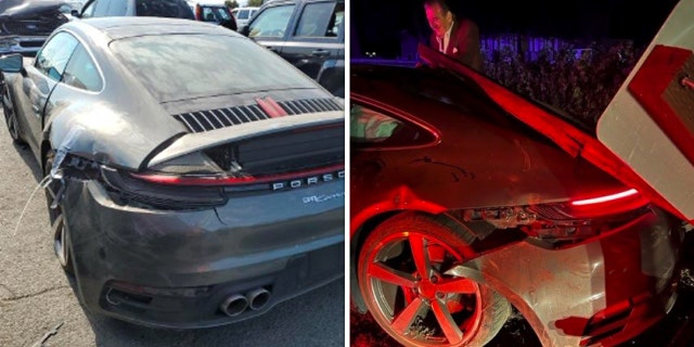 On the left is a 2021 Porsche Carrera up for auction at a lot just 30 miles outside of Napa County, California, where, on the right, Paul Pelosi crashed the same make and model car.