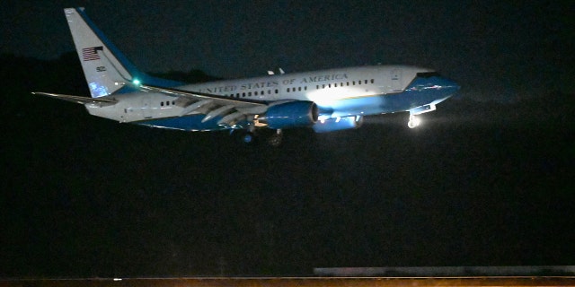 A U.S. military aircraft with US House Speaker Nancy Pelosi on board prepares to land at Sungshan Airport in Taipei, Taiwan, on Aug. 2, 2022.