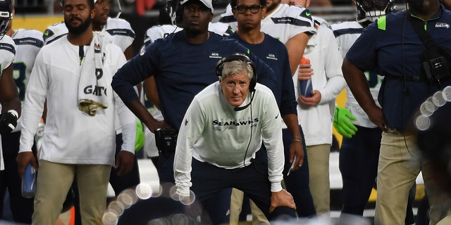 Head coach Pete Carroll of the Seattle Seahawks looks on from the sidelines during the second quarter of a preseason game against the Pittsburgh Steelers at Acrisure Stadium in Pittsburgh on Aug. 13, 2022.