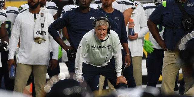 Head coach Pete Carroll of the Seattle Seahawks looks on from the sidelines during the second quarter of a preseason game against the Pittsburgh Steelers at Acrisure Stadium in Pittsburgh on Aug. 13, 2022.