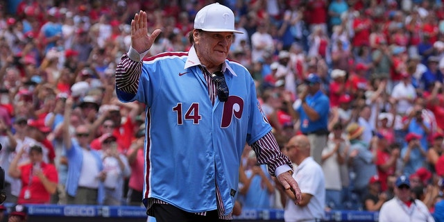 Former Philadelphia Phillies player Pete Rose acknowledges the crowd prior to a game between the Phillies and Washington Nationals at Citizens Bank Park Aug. 7, 2022, in Philadelphia.