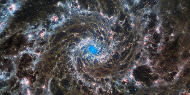 This image from the NASA/ESA/CSA James Webb Space Telescope shows the heart of M74, otherwise known as the Phantom Galaxy.
