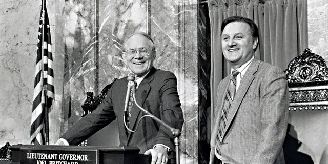 Washington state Lt. Gov. Joel Pritchard (left) and Secretary of the Senate Gordon Golob in 1990. Pritchard created pickleball, the fastest growing sport in America in 2022.