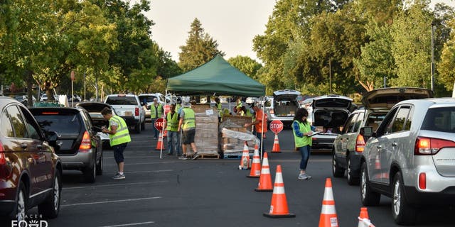 A drive-thru food distribution site at Placer Food Bank