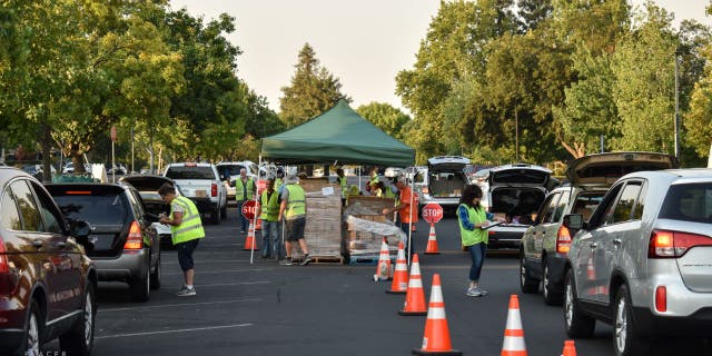 A drive-thru food distribution site at Placer Food Bank