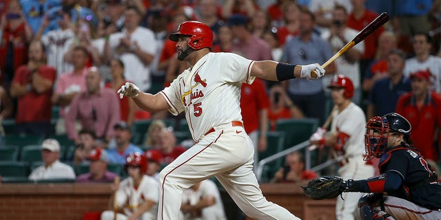 Albert Pujols #5 of the St. Louis Cardinals bats against the Atlanta Braves at Busch Stadium on August 27, 2022 in St. Louis, Missouri.