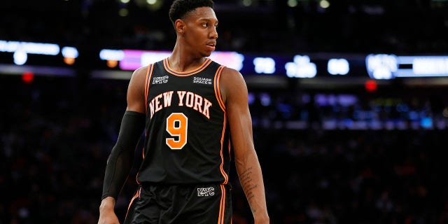 RJ Barrett, No. 9 of the New York Knicks, looks on during the second half against the Brooklyn Nets at Madison Square Garden on April 6, 2022, in New York City. The Knicks are named for Washington Irvin literary character and pseudonym Diedrich Knickerbocker.