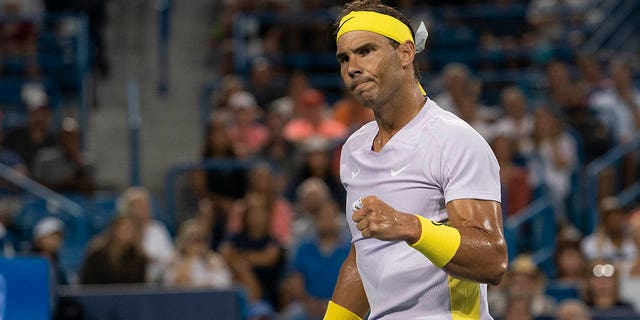 Rafael Nadal reacts to a point against Borna Coric during the Western &amp; Southern Open at the Lindner Family Tennis Center in Cincinnati August 17, 2022.