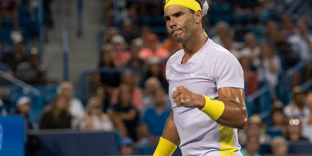 Rafael Nadal reacts to a point against Borna Coric during the Western &amp; Southern Open at the Lindner Family Tennis Center in Cincinnati August 17, 2022.