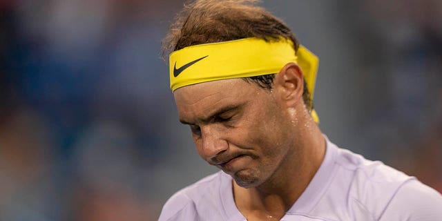 Rafael Nadal reacts to a shot during his match against Borna Coric at the Western &amp; Southern Open at the Lindner Family Tennis Center in Cincinnati August 17, 2022.