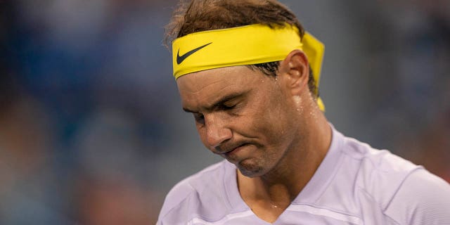 Rafael Nadal reacts to a shot during his match against Borna Coric at the Western &amp; Southern Open at the Lindner Family Tennis Center in Cincinnati August 17, 2022.