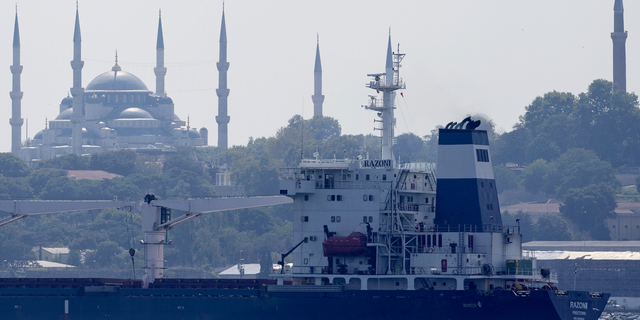 The merchant ship Razoni crosses the Bosphorus Strait in Istanbul, Turkey on Wednesday, Aug.3. The first merchant ship to leave Ukraine since the Russian invasion was anchored in an inspection area in the Black Sea off the coast of Istanbul on Wednesday morning, awaiting an inspection, before moving to Lebanon.