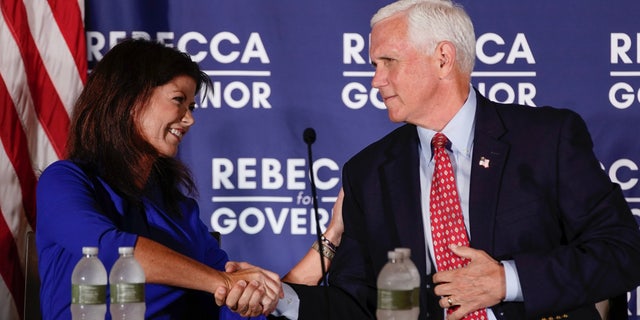 Former Vice President Mike Pence and GOP gubernatorial candidate and former Lt. Gov Rebecca Kleefisch of Wisconsin participate in a round table discussion.