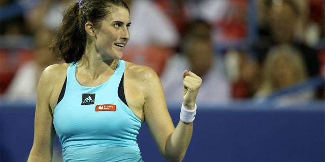 Rebecca Marino of Canada celebrates match point during her win over Venus Williams of the United States during Day 3 of the Citi Open at Rock Creek Tennis Center on August 01, 2022 in Washington, DC.