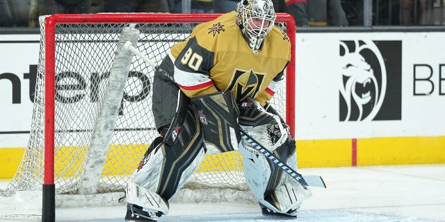 Robin Lehner #90 of the Vegas Golden Knights warms up prior to a game against the Washington Capitals at T-Mobile Arena on April 20, 2022 en las vegas, Nevada.