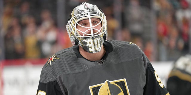 Robin Lehner #90 of the Vegas Golden Knights warms up prior to a game against the San Jose Sharks at T-Mobile Arena on April 24, 2022 in Las Vegas, Nevada. 