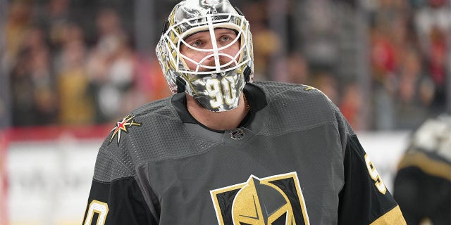 Robin Lehner #90 of the Vegas Golden Knights warms up prior to a game against the San Jose Sharks at T-Mobile Arena on April 24, 2022 en las vegas, Nevada.