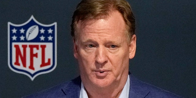 NFL Commissioner Roger Goodell speaks to the media after the close of the NFL owners' meeting on March 29, 2022, at The Breakers resort in Palm Beach, Florida.