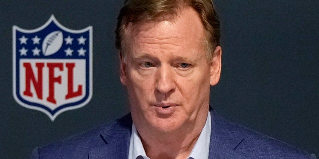 NFL Commissioner Roger Goodell speaks to the media following the conclusion of the NFL Owners Meeting at the Breakers Resort on March 29, 2022 in Palm Beach, Florida.
