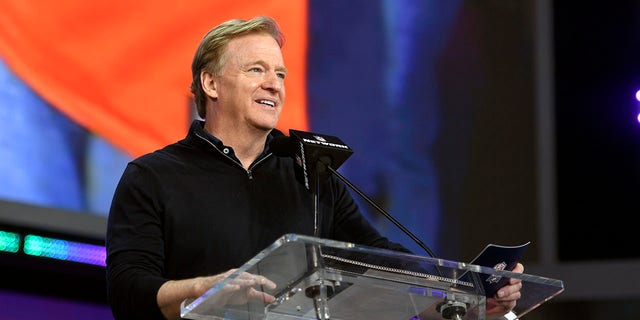 NFL commissioner Roger Goodell speaks during round four of the 2022 NFL Draft in Las Vegas, Nevada, on April 30, 2022.