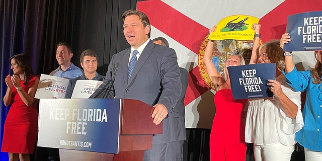 Florida Gov. Ron DeSantis addresses crowd at Florida GOP primary night event in Hialeah, Fla.