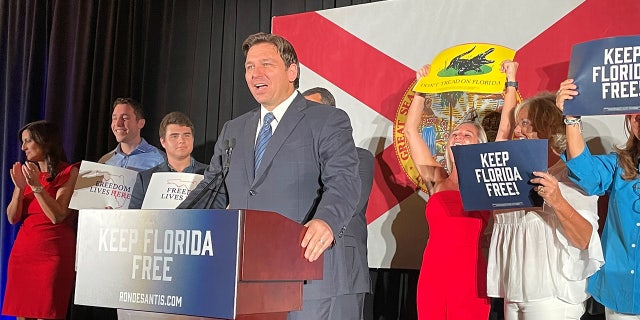 Florida Gov. Ron DeSantis addresses crowd at Florida GOP primary night event in Hialeah, Fla.