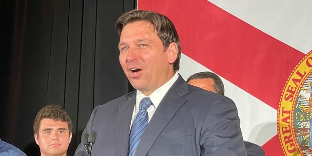 Florida Gov. Ron DeSantis addresses the crowd at the Florida Republican Party's primary night event in Hialeah, Florida.  (Ronn Blitzer, Fox News)