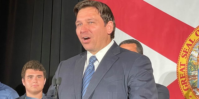 Gov. Ron DeSantis addresses crowd at Florida GOP primary night event in Hialeah, Florida.